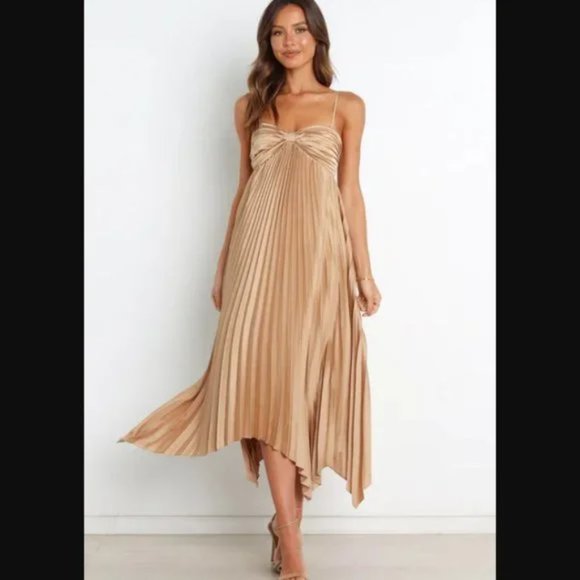 COPY - Petal & Pup Vikki Gold Satin Pleated Asymmetrical Hem Midi Dress 0 - Picture 6 of 11